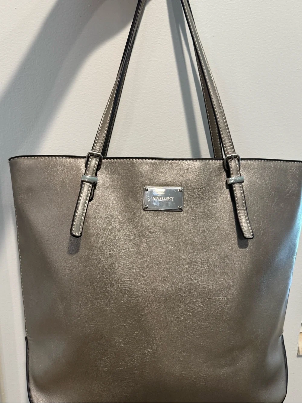 Nine West Metallic Pewter Silver Faux Leather Work Tote Shoulder Bag